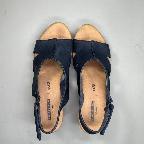 Clarks Sandals Women's Size 8.5 Blue Leather Cork Wedge Platform‎ Adjustable - Picture 8 of 14